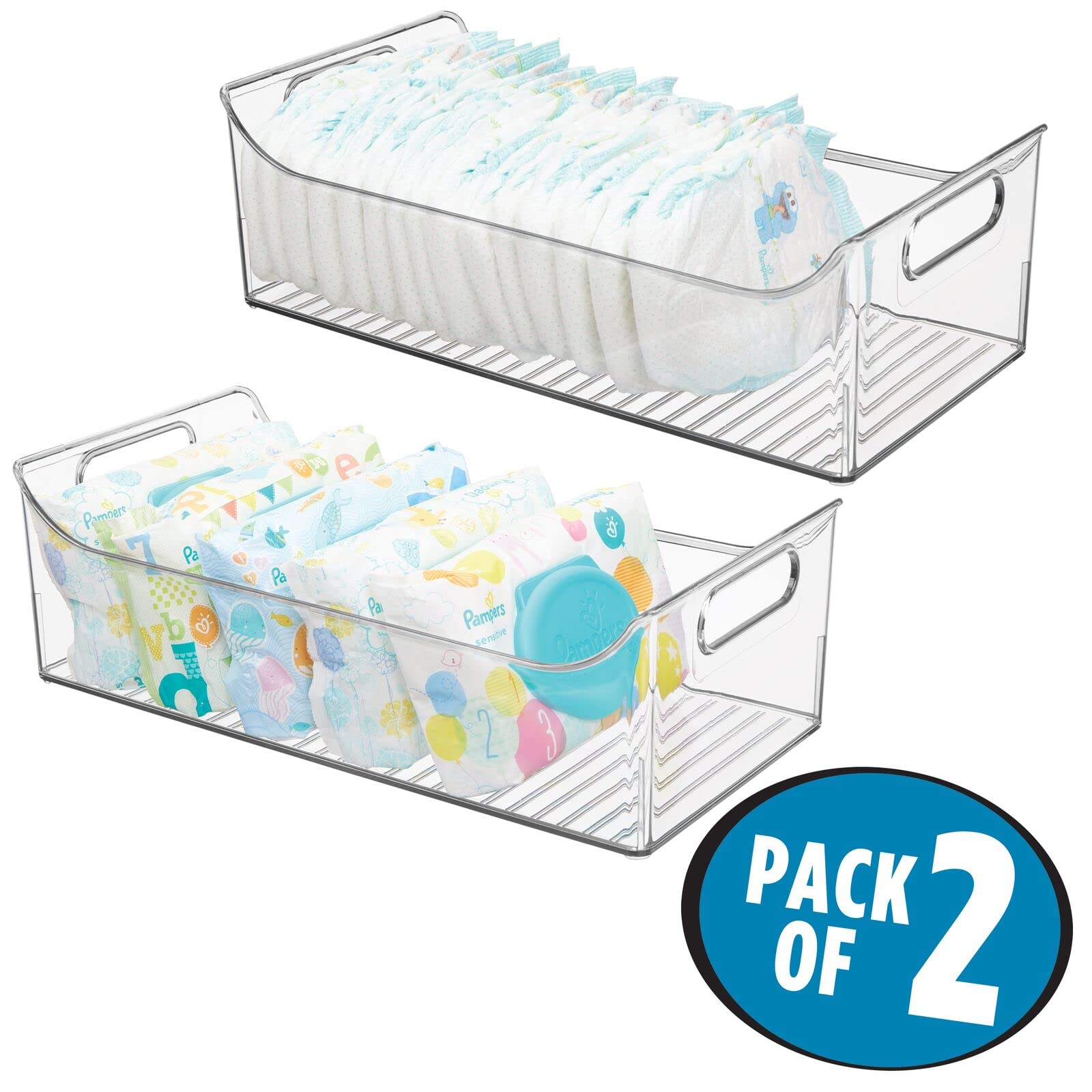 mdesign nursery storage bin clear with sturdy handles for quick transport.