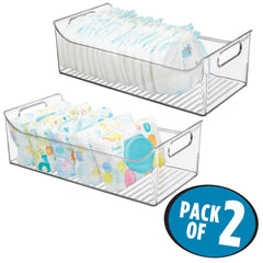 mdesign nursery storage bin clear with sturdy handles for quick transport.
