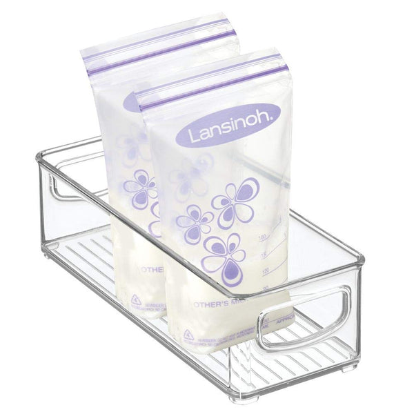 MDesign small nursery storage bin, clear with handles for easy access and organized mealtime essentials.
