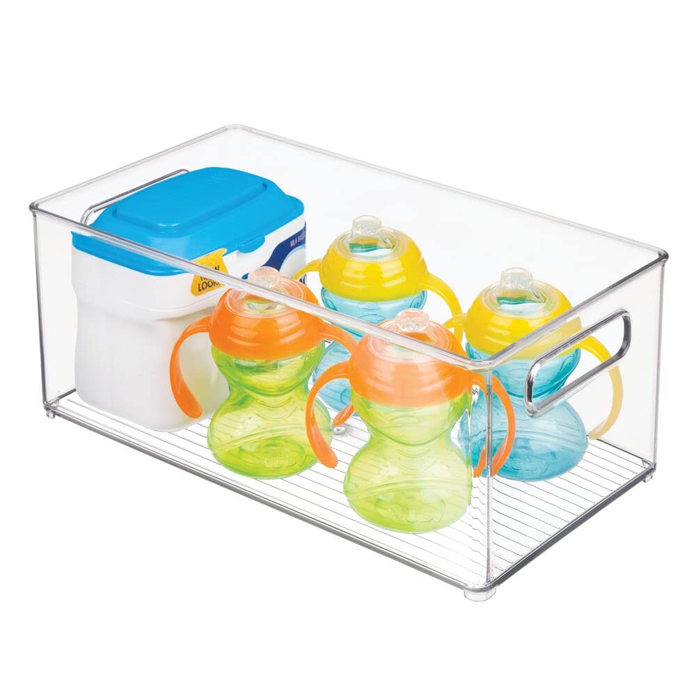 mDesign stackable bin with base feet prevents shifting and saves room