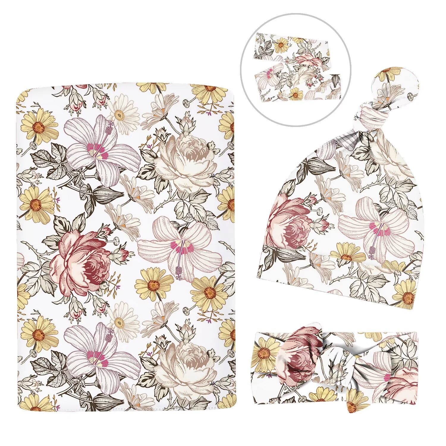 MdouLy floral swaddle set shown with headband and bow for adorable photo-worthy outfits
