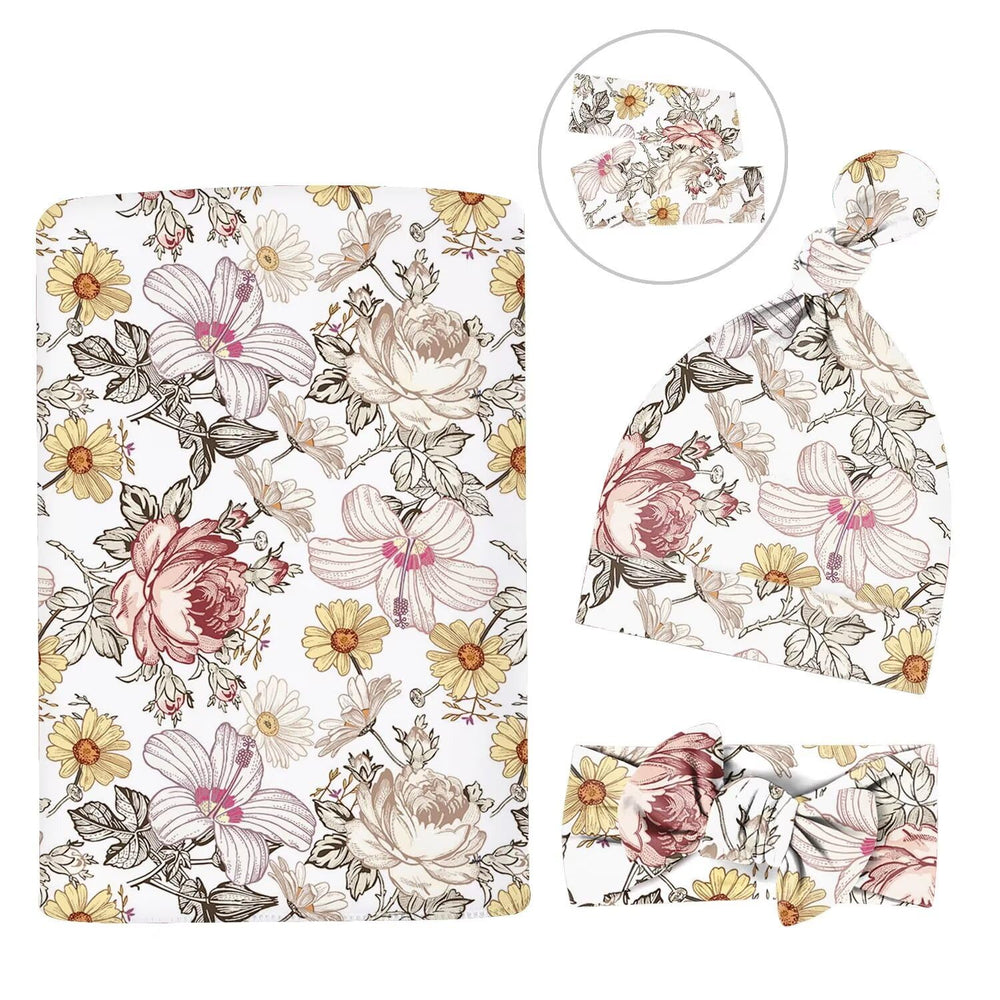 MdouLy floral swaddle set shown with headband and bow for adorable photo-worthy outfits