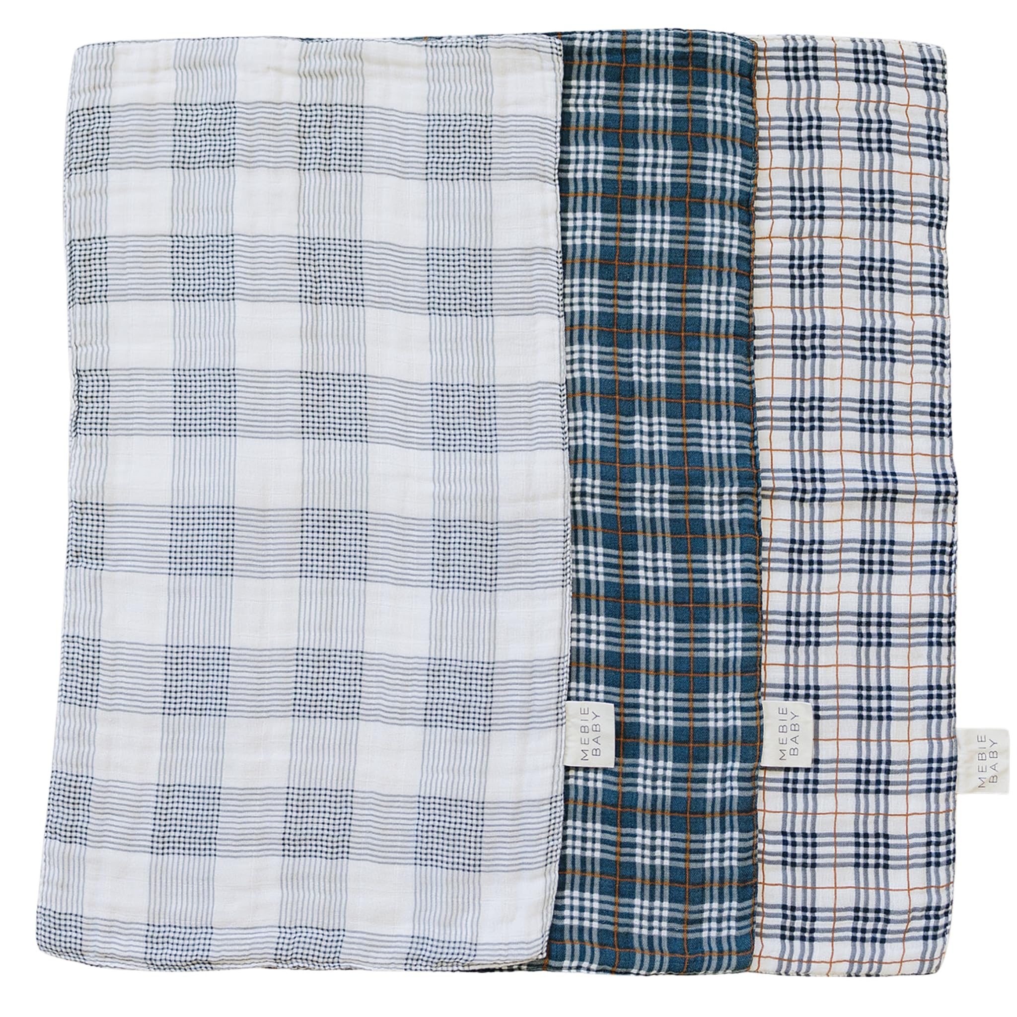 Mebie Baby burp cloth plaid muslin set shown in soft hues protecting outfits from spit-up.