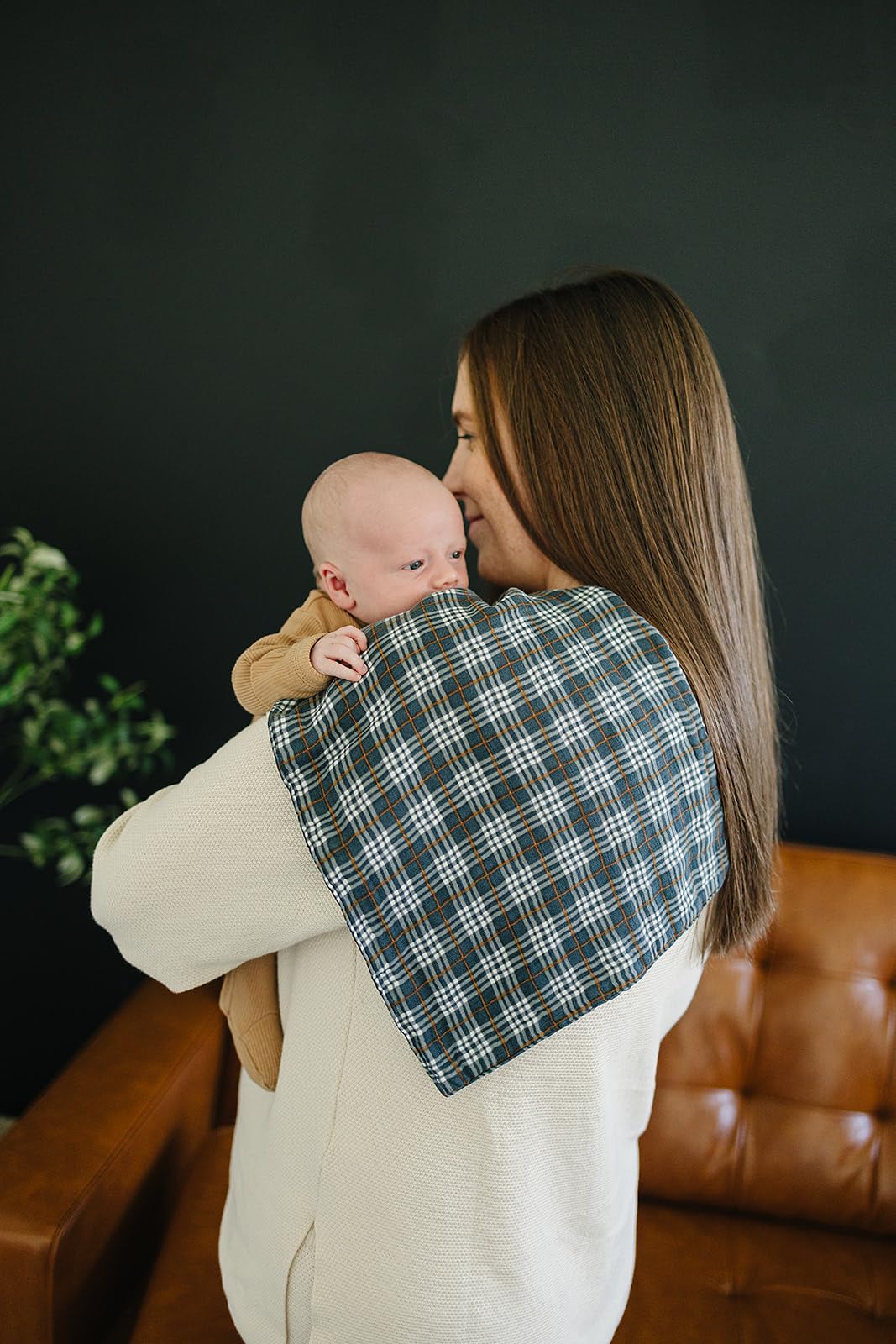 Mebie Baby burp cloth plaid muslin set complements nursery decor with calm colors.