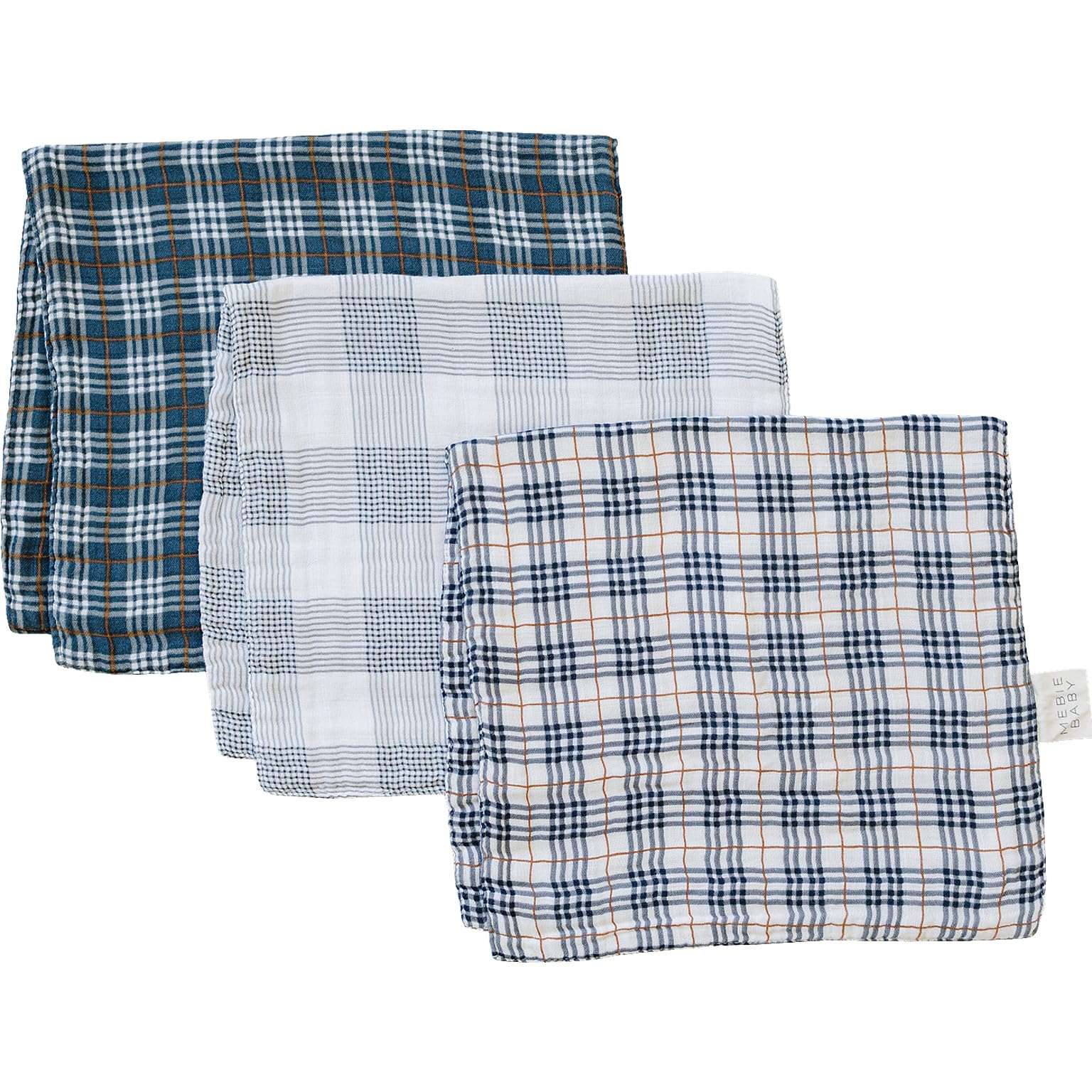 Mebie Baby burp cloth plaid muslin set ready for on-the-go baby care and cleanups.