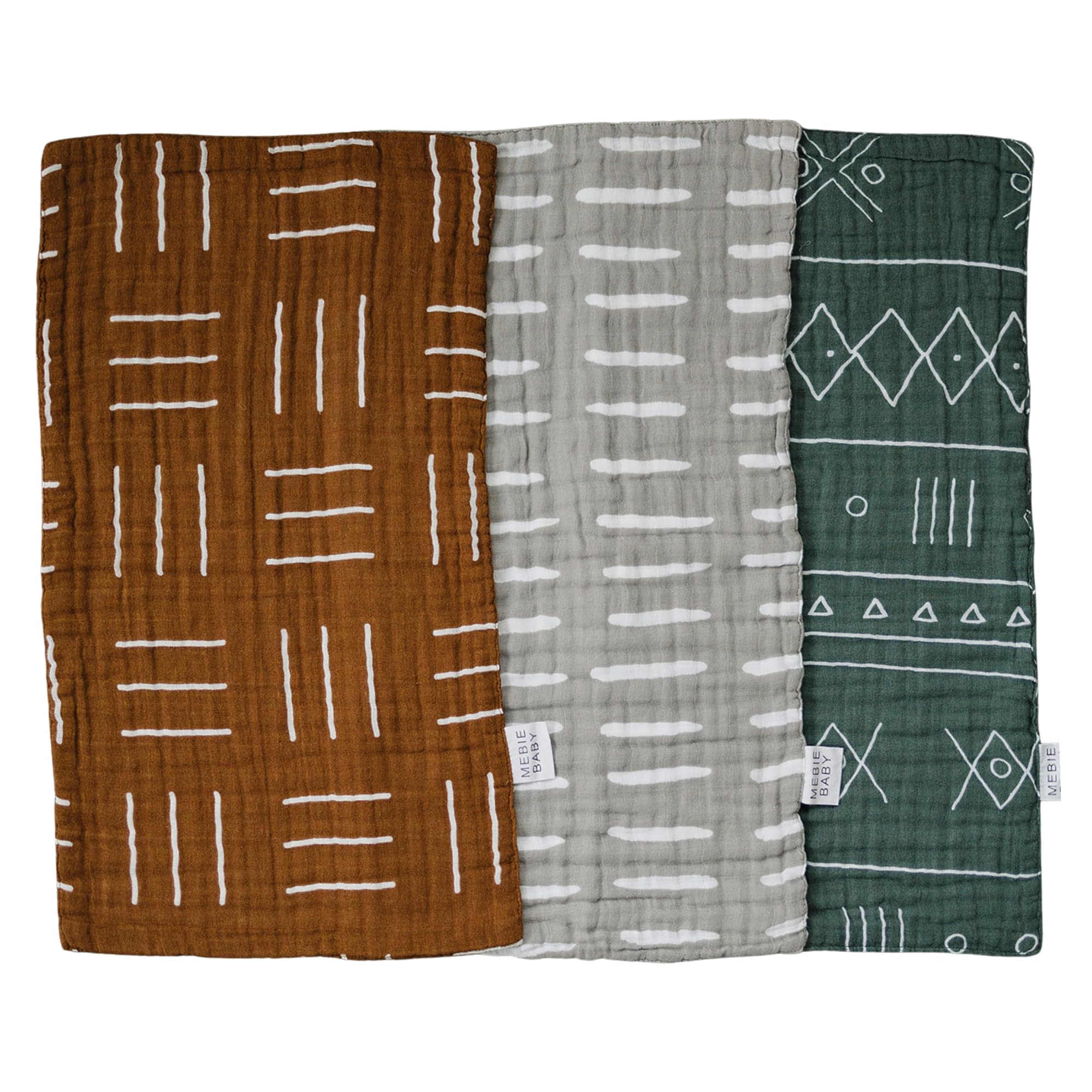 Mebie Baby Burp Cloths 3-pack flatlay; soft muslin ready to catch spit-up with style.