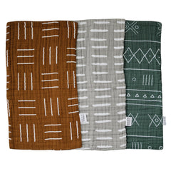 Mebie Baby Burp Cloths 3-pack flatlay; soft muslin ready to catch spit-up with style.