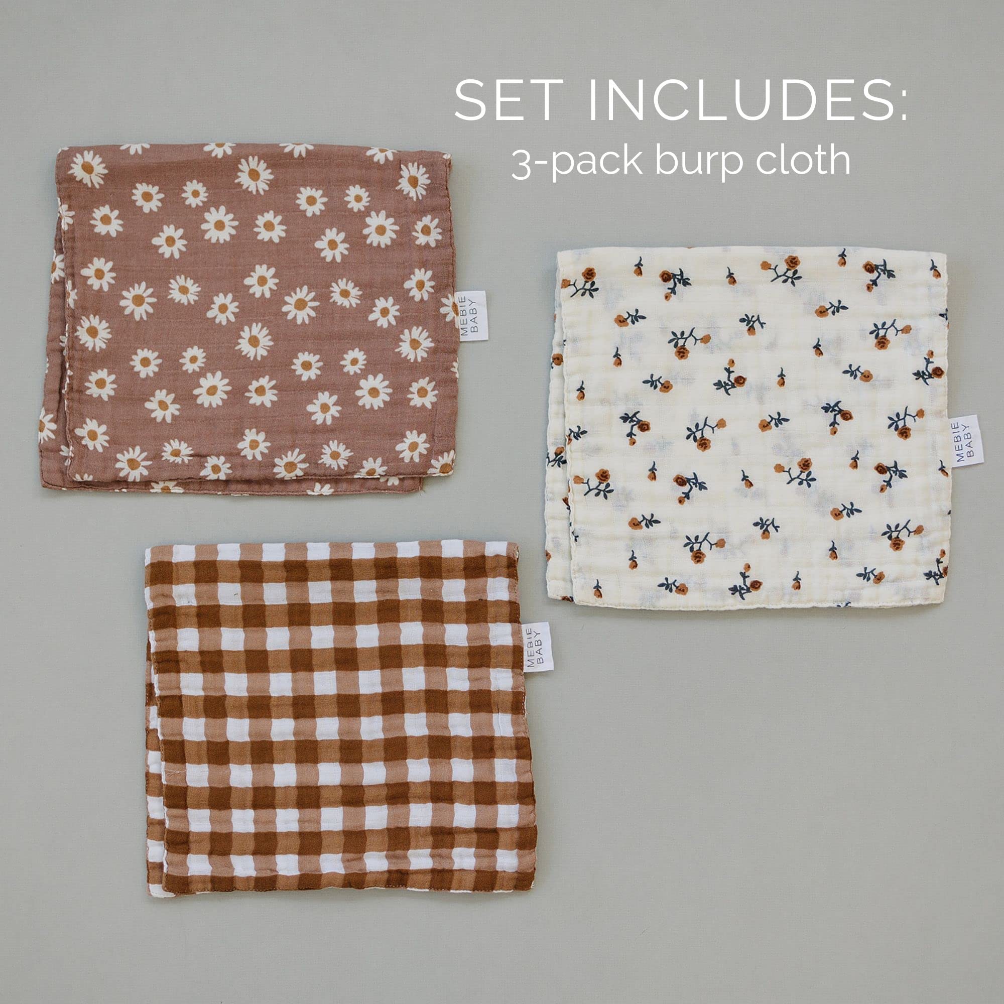 Mebie Baby burp cloths with designer colors, top view for versatile matching with baby gear.