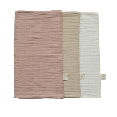 Mebie Baby Burp Cloths in Dusty Rose 3-Pack on soft muslin for spit-up and drool.