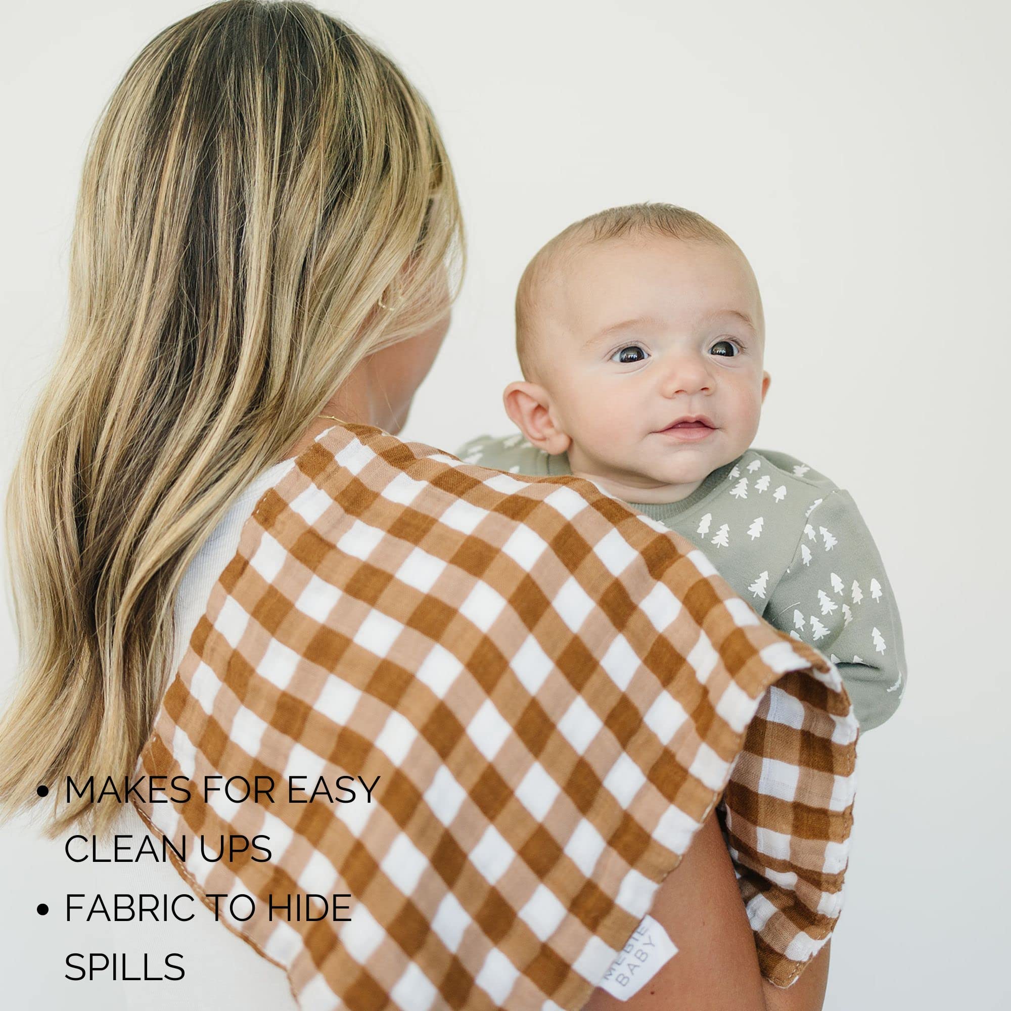 Mebie Baby burp cloths demonstrated as multi-use towels and bibs.