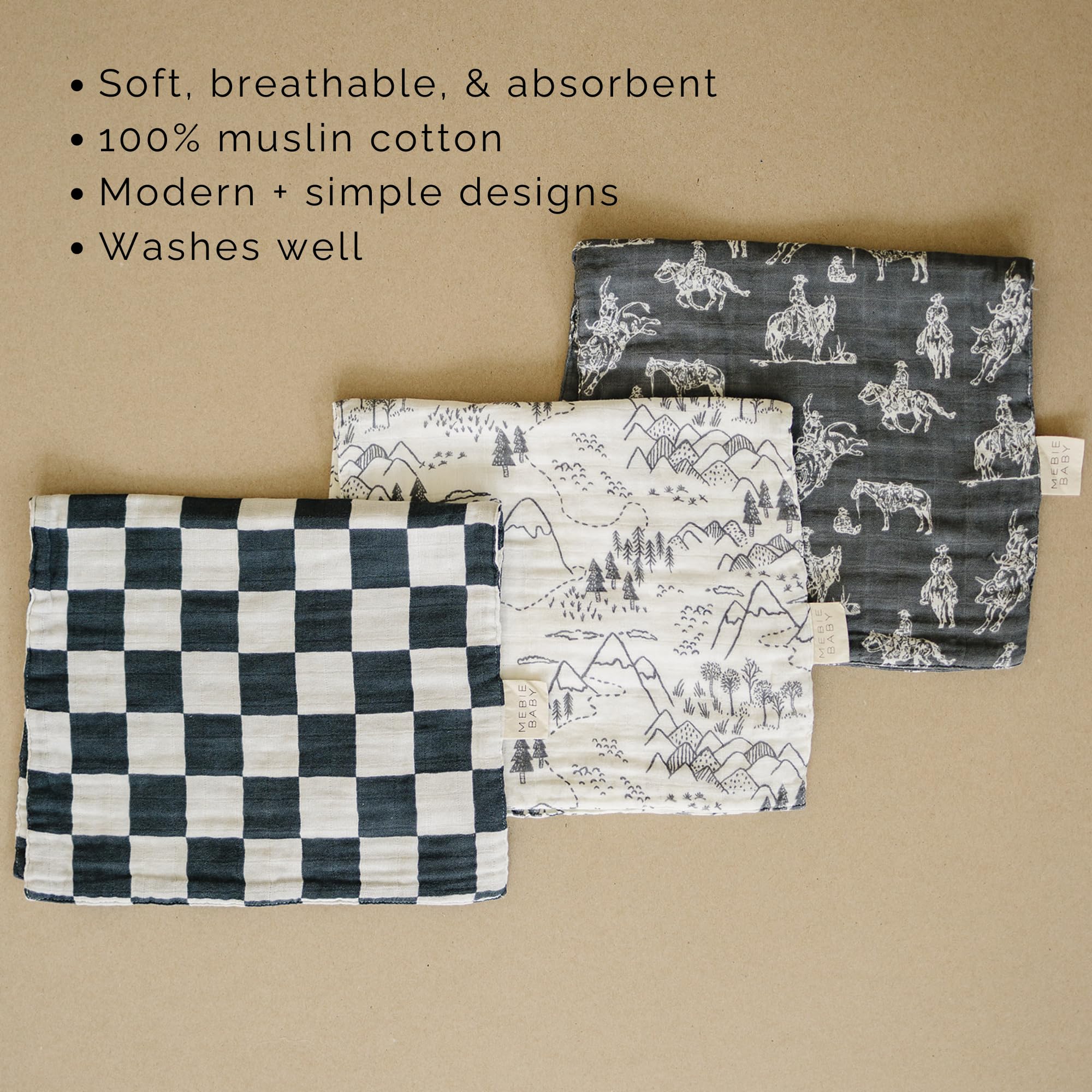 Mebie Baby burp cloths shown on baby during feeding to reduce mess