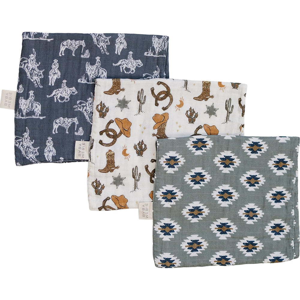 Mebie Baby burp cloths with outlaw cowboy design for gentle skin protection and easy cleaning.