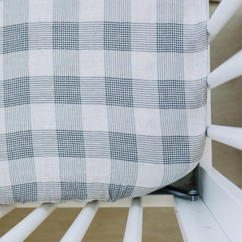 Mebie Baby Coastal Plaid Muslin Crib Sheet for breathable naps and cozy nights