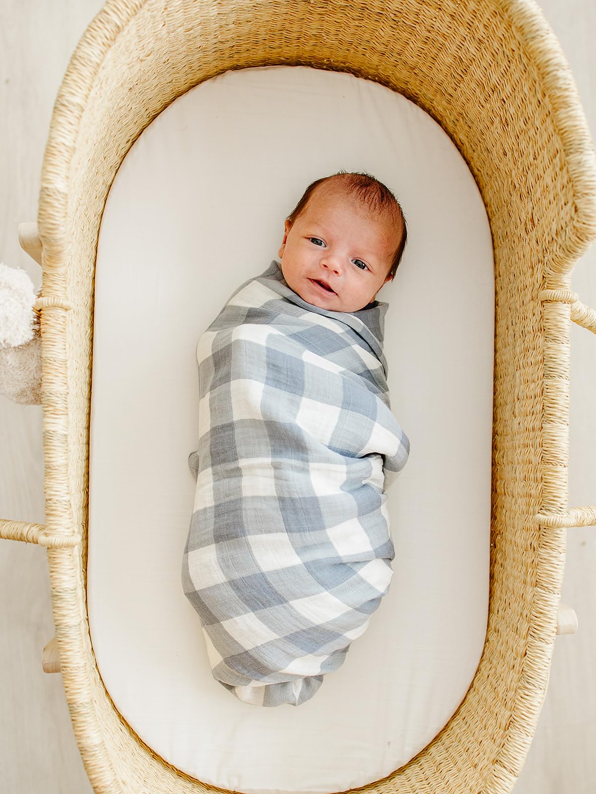 Mebie Baby Dusty Blue Gingham Muslin Swaddle texture close-up for cozy feel