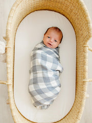 Mebie Baby Dusty Blue Gingham Muslin Swaddle texture close-up for cozy feel