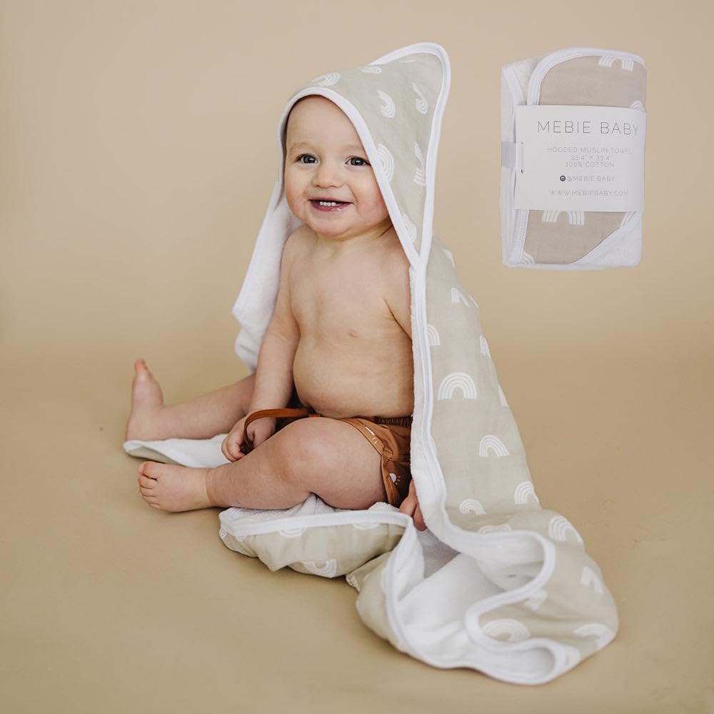 Mebie Baby Muslin Hooded Towel in Sand Rainbow keeps baby warm after bath