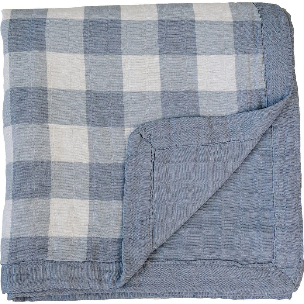 Mebie Baby muslin quilt in dusty blue gingham, soft and breathable for newborn comfort.