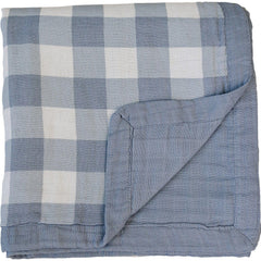 Mebie Baby muslin quilt in dusty blue gingham, soft and breathable for newborn comfort.