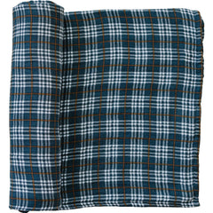Mebie Baby navy plaid swaddle close-up, breathable muslin for cozy baby comfort.