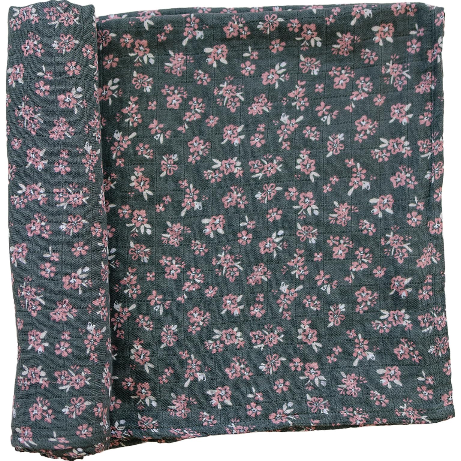 Mebie Baby Olive Bloom swaddle close-up reveals breathable muslin fabric and soft texture.
