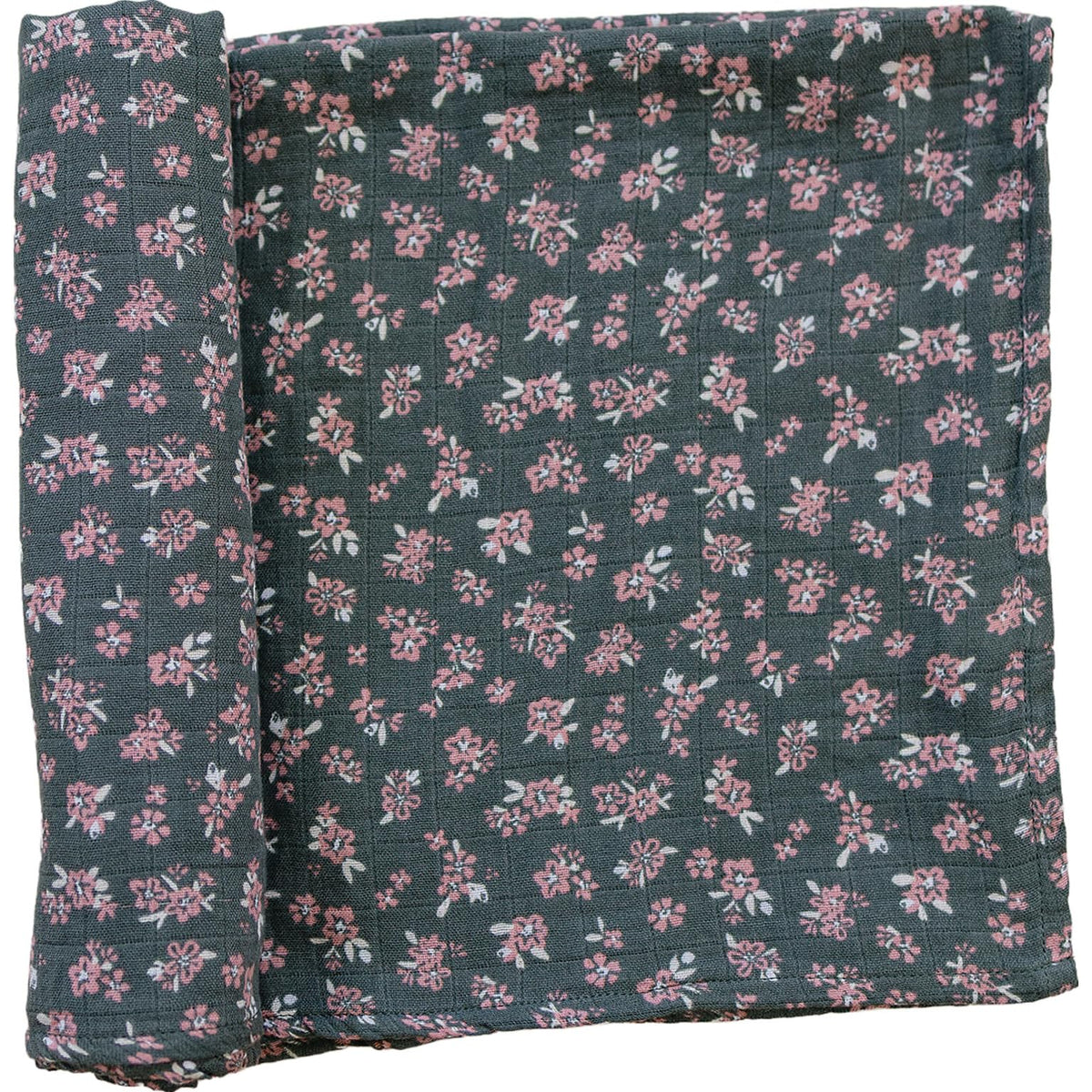 Mebie Baby Olive Bloom swaddle close-up reveals breathable muslin fabric and soft texture.