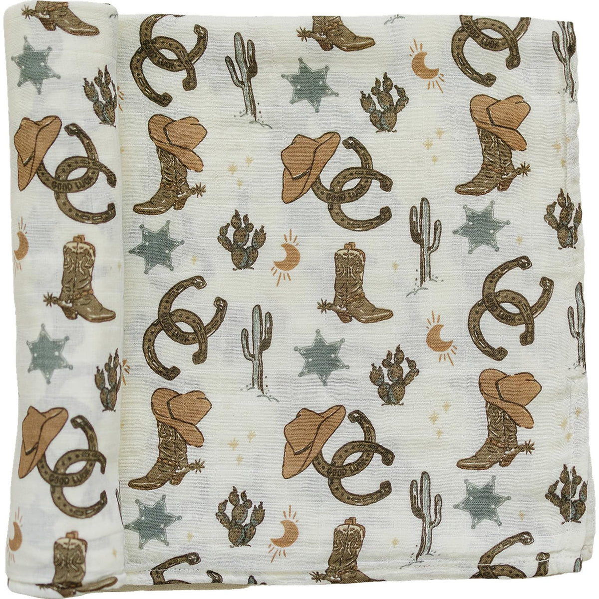 Mebie Baby Outlaw Cowboy Swaddle in soft muslin for newborn comfort.