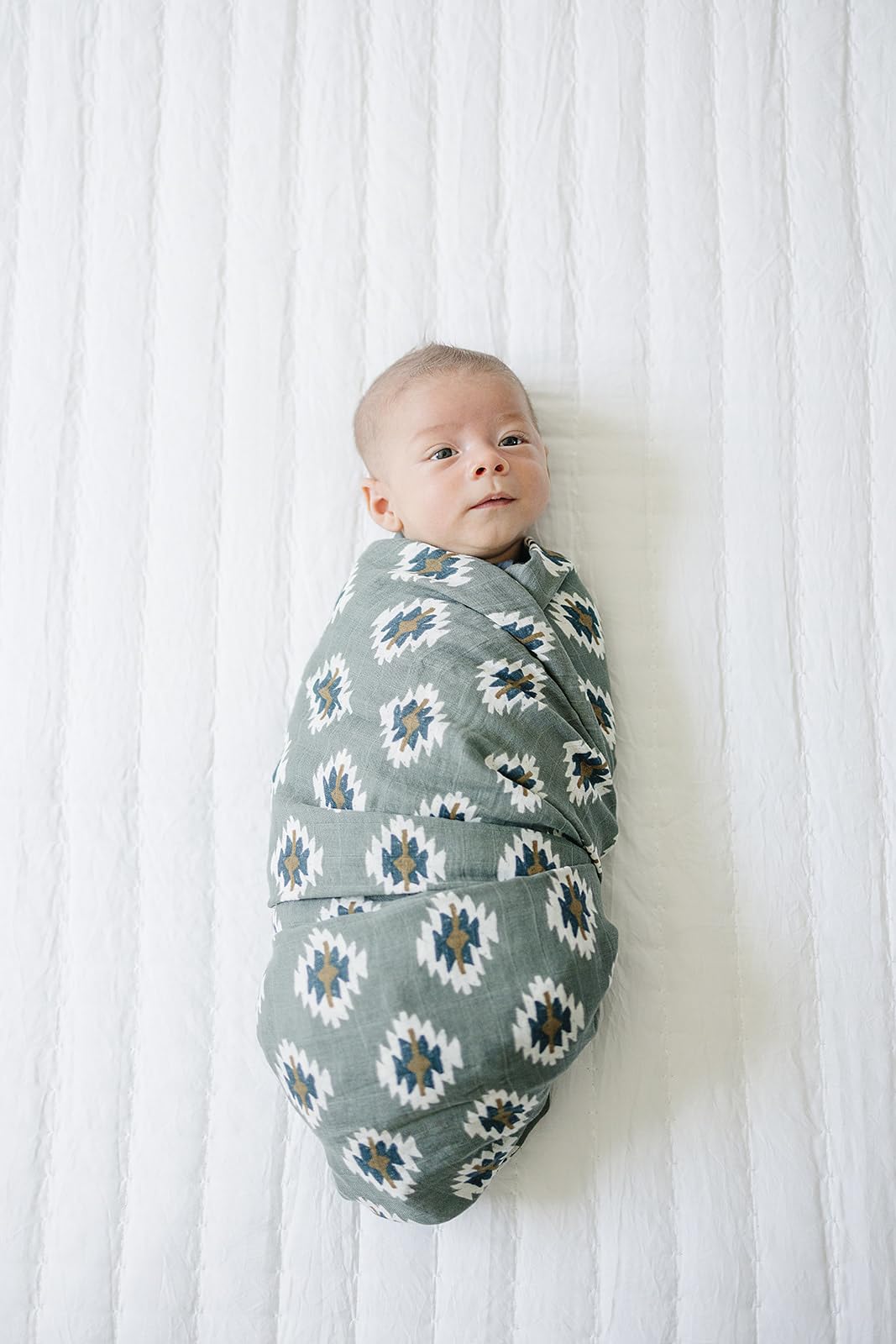 Mebie Baby Southwest Aztec muslin fabric close-up for soft texture.