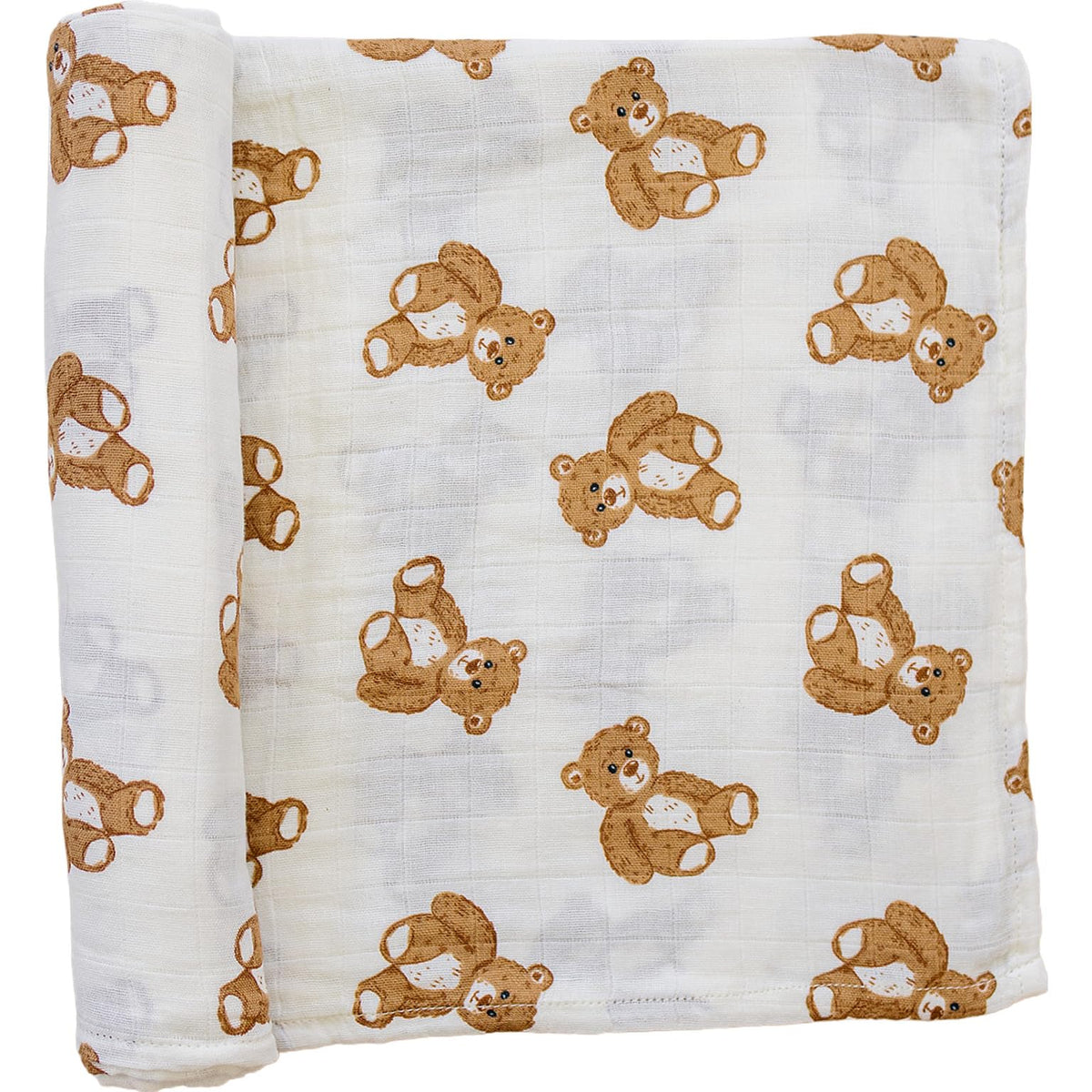 Mebie Baby Teddy Bear Muslin Swaddle close-up shows soft, breathable fabric for cozy baby moments.