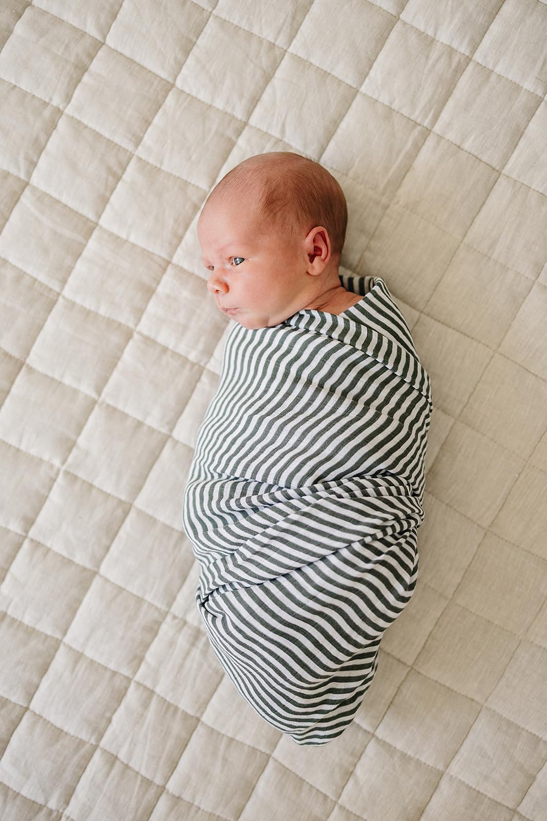 Mebie Baby Vintage Green Stripes swaddle 47x47 inches in soft muslin for breathable swaddling.
