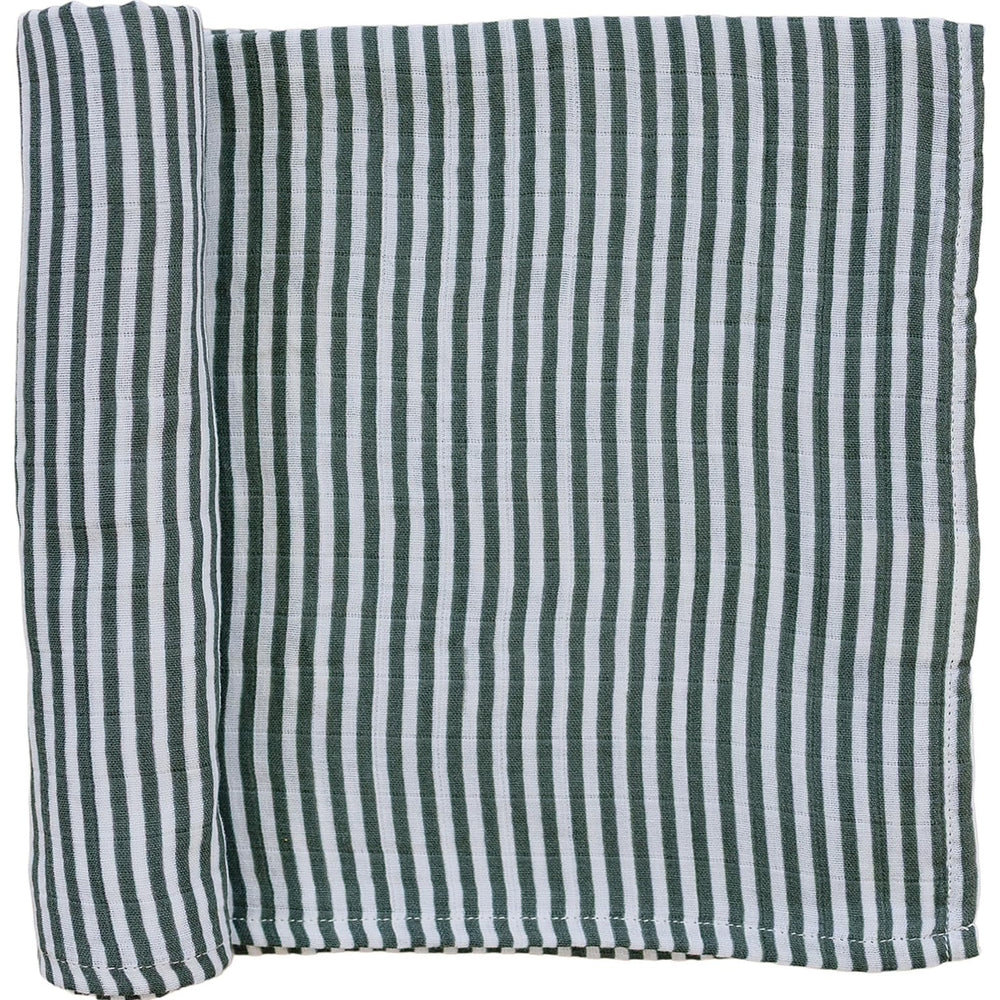 Mebie Baby Vintage Green Stripes swaddle close-up shows soft muslin texture for peaceful naps.