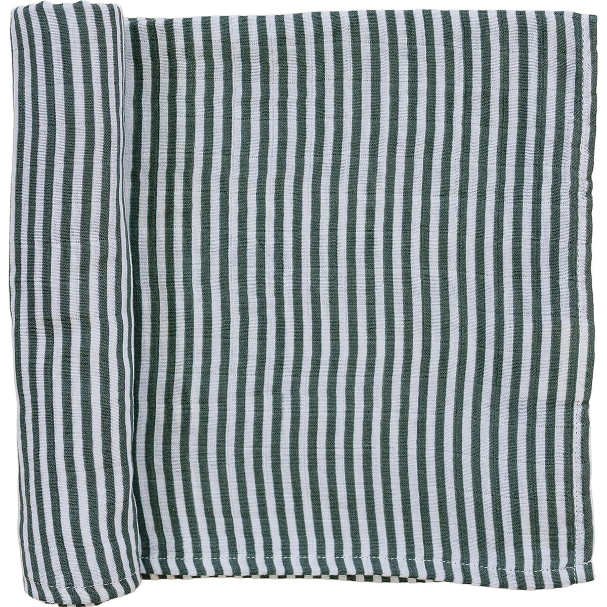 Mebie Baby Vintage Green Stripes swaddle close-up shows soft muslin texture for peaceful naps.