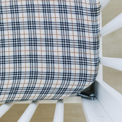 Mebie Baby Vintage Plaid Muslin Crib Sheet close-up showing soft, breathable fabric.