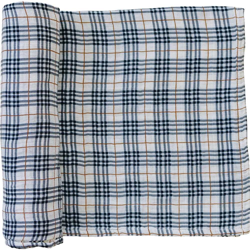 Mebie Baby vintage plaid muslin swaddle close-up, soft breathable fabric for newborn comfort.
