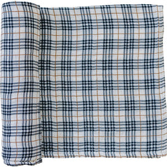 Mebie Baby vintage plaid muslin swaddle close-up, soft breathable fabric for newborn comfort.