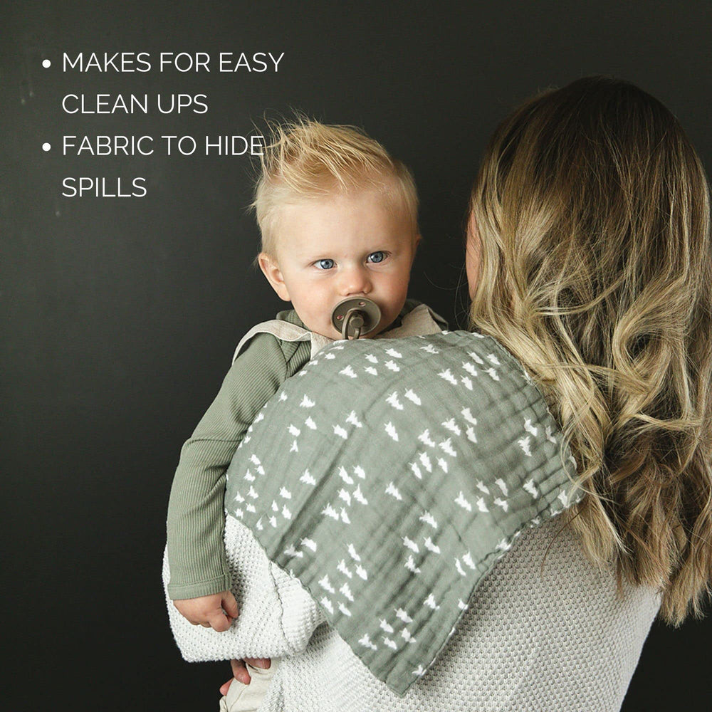Mebie Baby Woods print burp cloth in nursery colors matches decor