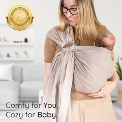 Mebien Ring Sling Sand demonstrates newborn hip positioning for ergonomic wear