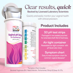 Med Lab Diagnostics vaginal pH test strip color chart showing easy interpretation