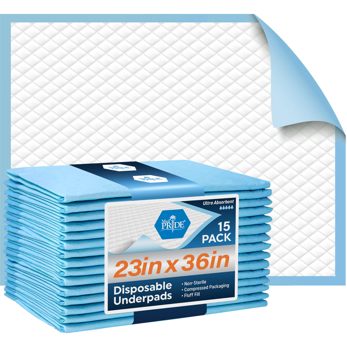 MED PRIDE underpads 23x36 provide absorbent coverage for overnight protection.