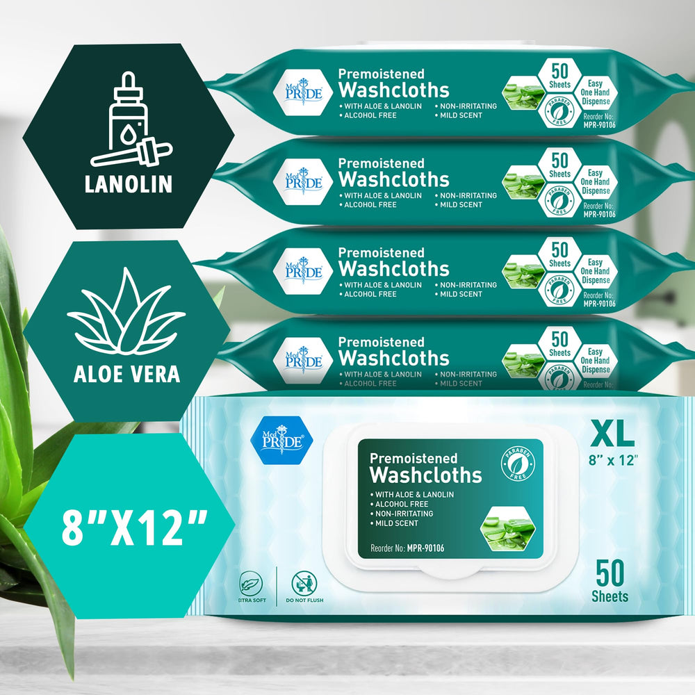 MED PRIDE aloe-lanolin-infused washcloths deliver soothing moisture during routines.