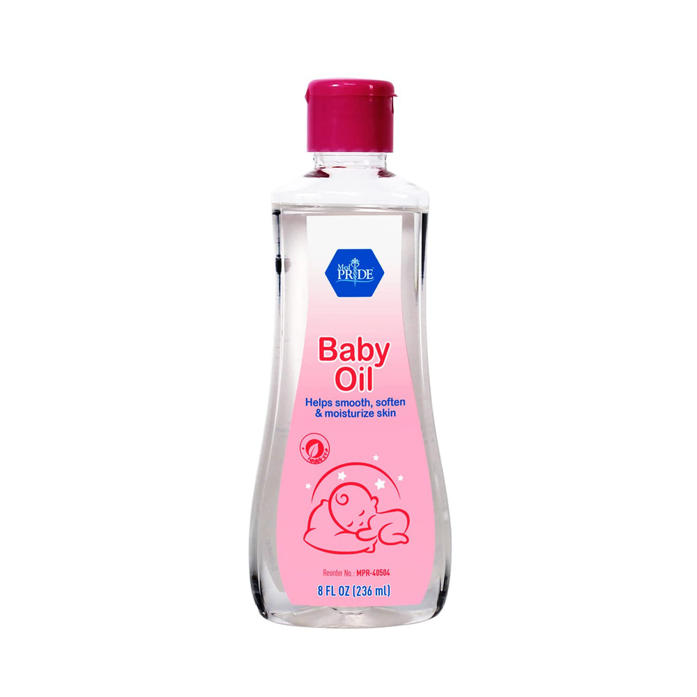 MED PRIDE Pure Baby Oil bottle demonstrates gentle hydration for delicate skin.