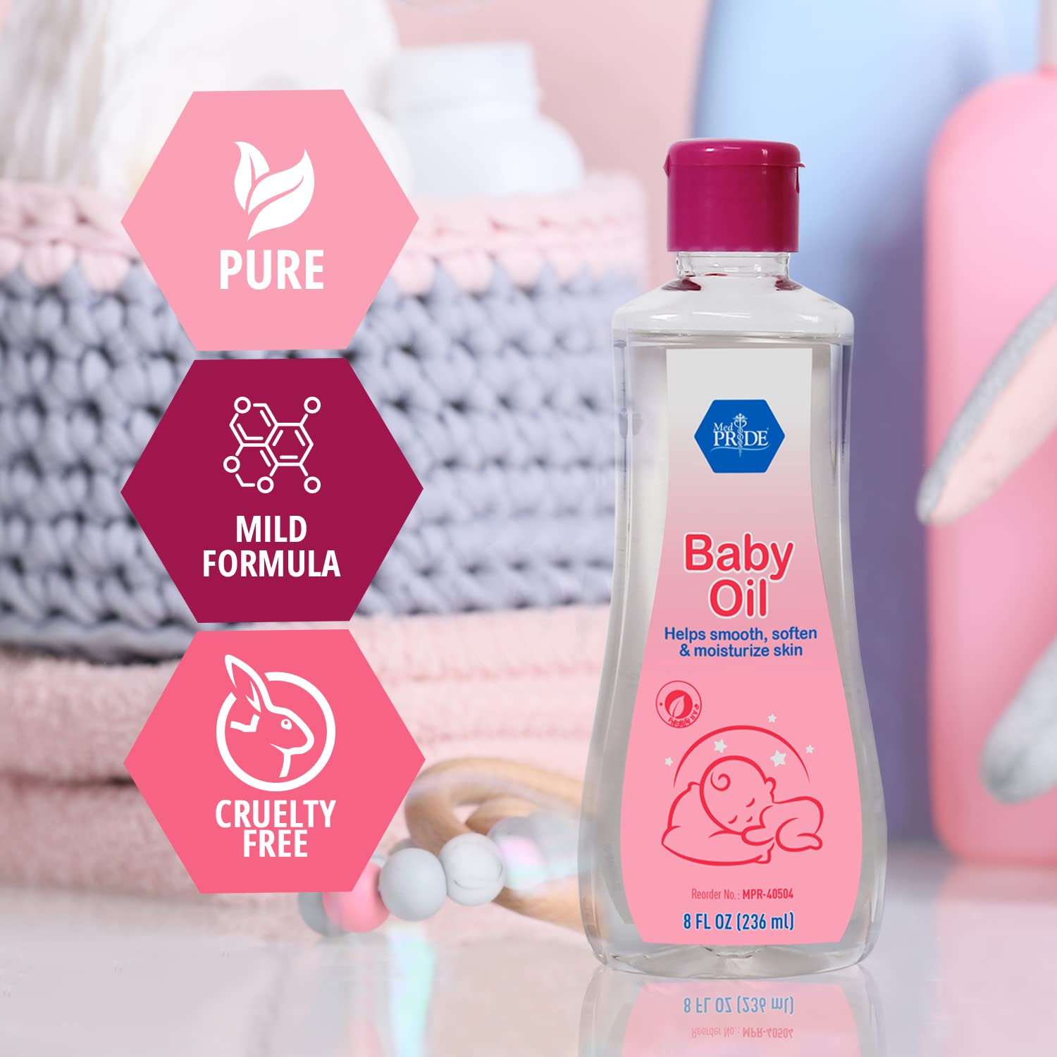 MED PRIDE Pure Baby Oil close-up shows silky texture for fast absorption.