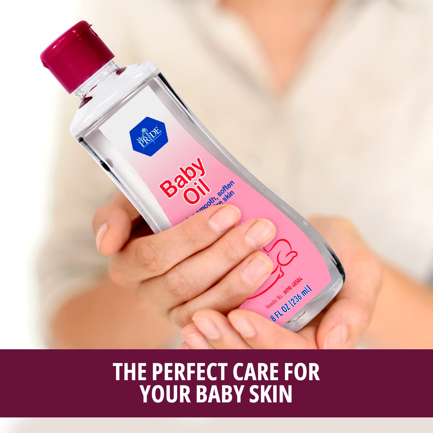 MED PRIDE Pure Baby Oil pour shot captures easy application for quick moisture.
