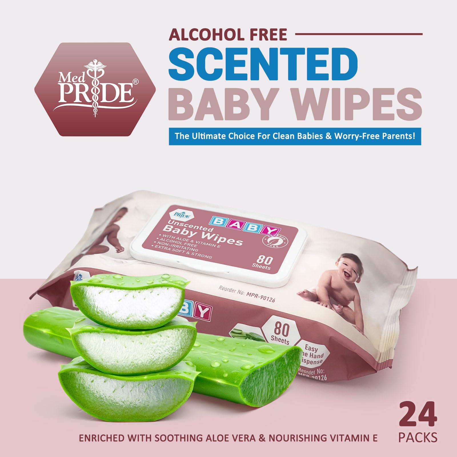 MED PRIDE unscented wipes bulk pack of 80 for diaper changes.