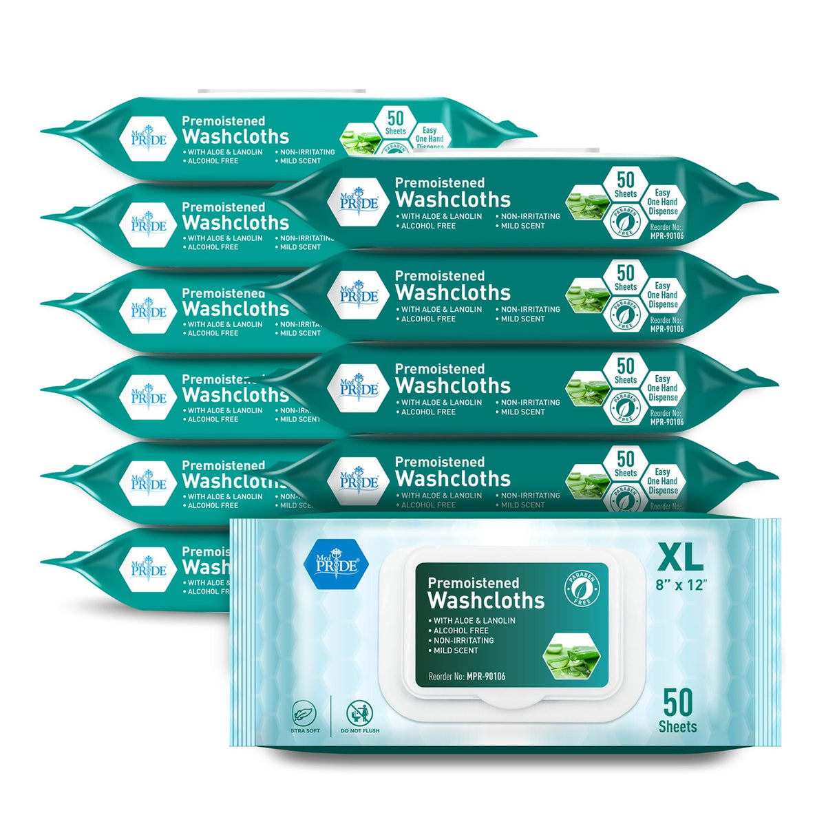 MED PRIDE XL premoistened washcloths in dispenser for travel convenience and freshness.