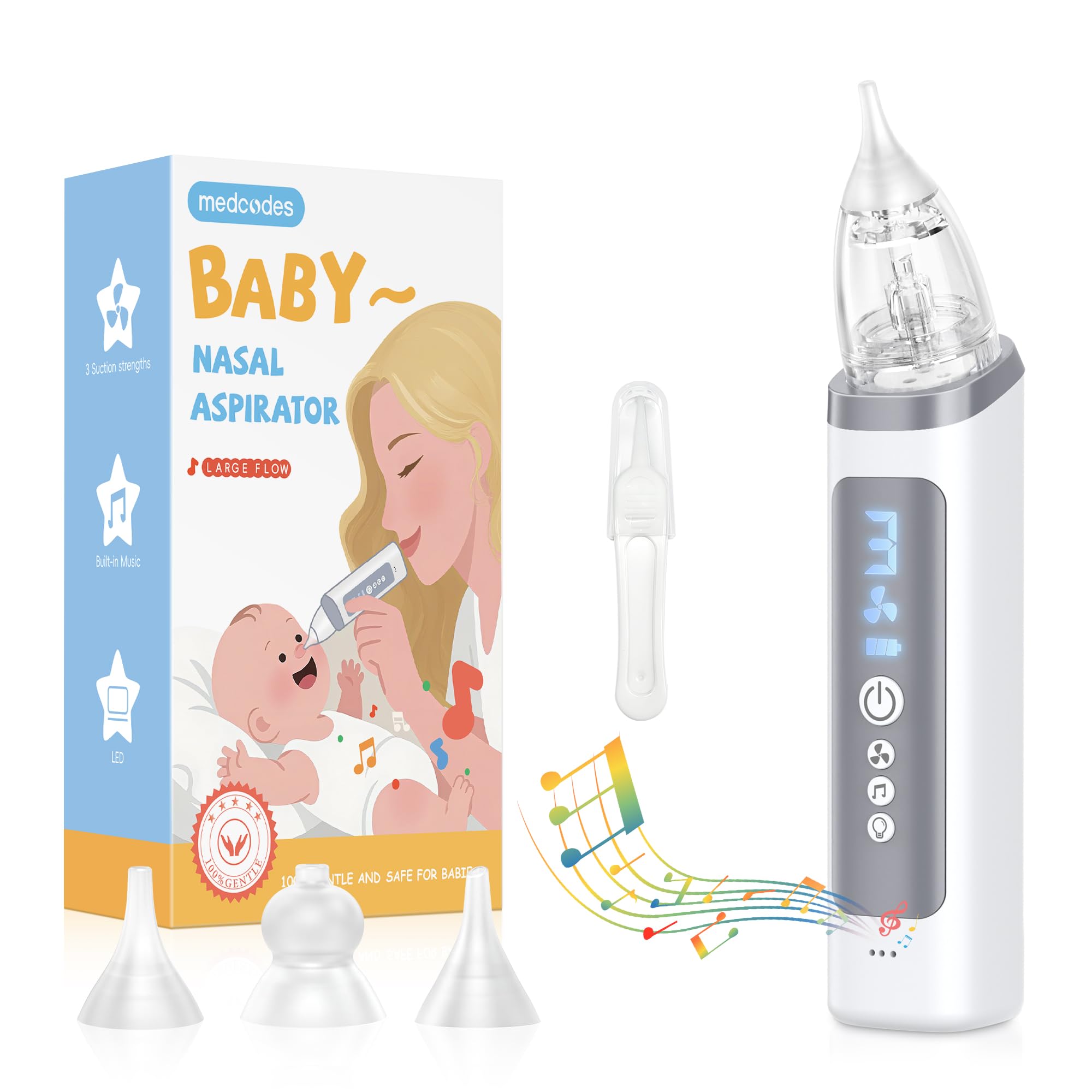 Medcodes nasal aspirator with protection mode safely guards delicate noses.