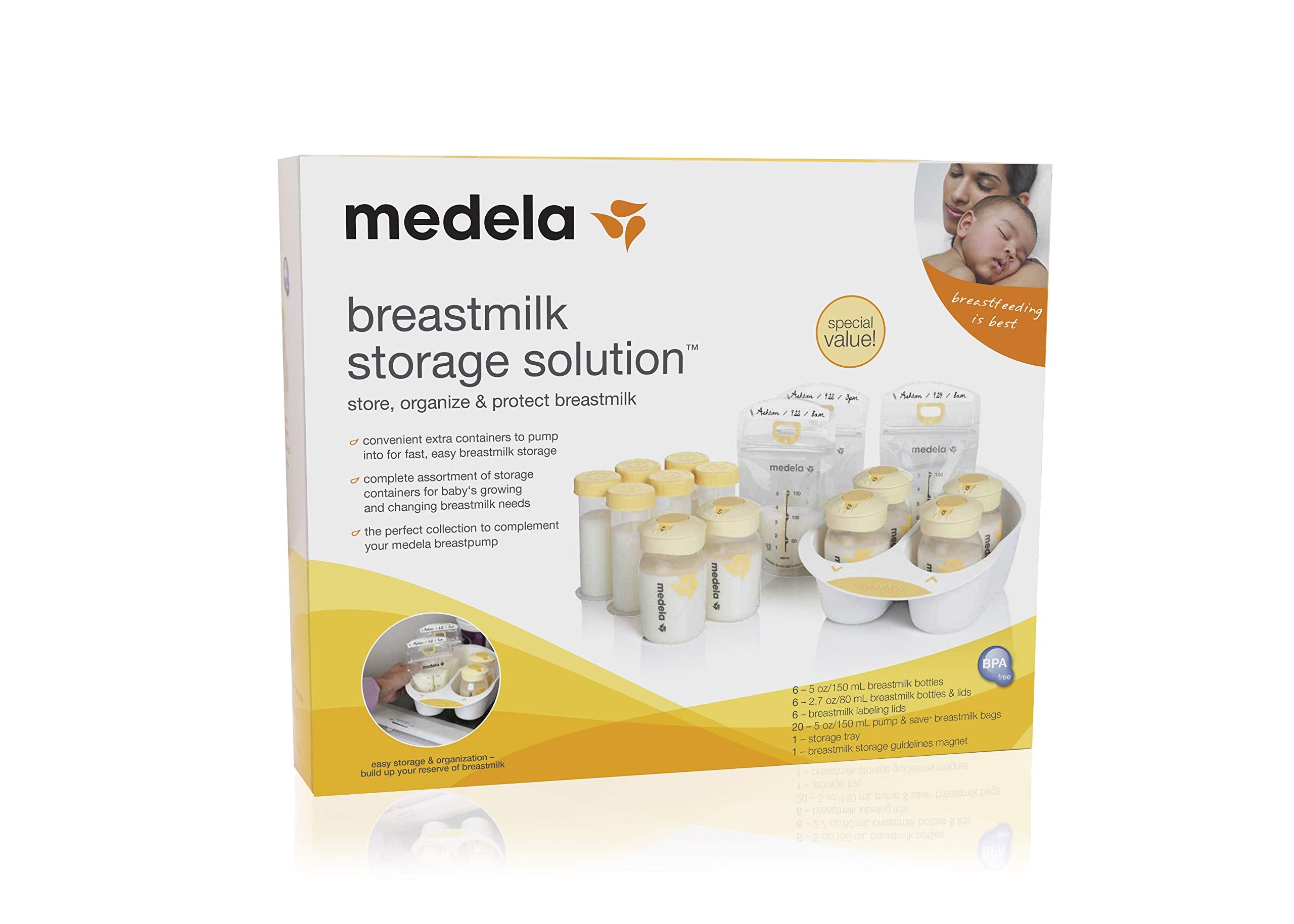 Medela bottle lids with labeling for quick bottle identification.