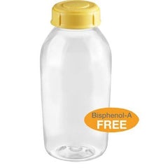 Medela 8oz bottles back view, compact stackable design for organized fridge storage
