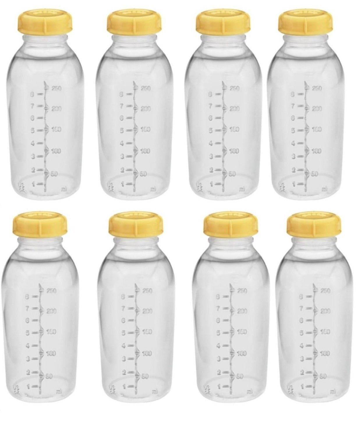 Medela 8oz bottles front view, clear and ready for pumping-to-storage transitions