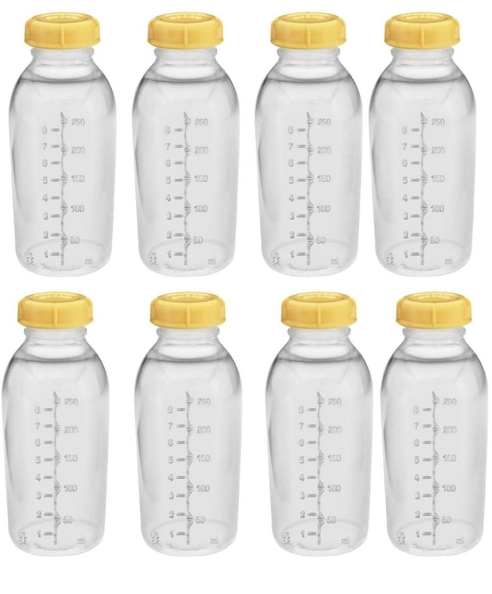 Medela 8oz bottles front view, clear and ready for pumping-to-storage transitions