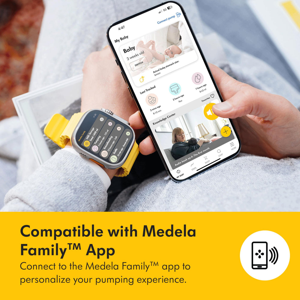 Automatic tracking via the Medela Family app helps plan feeding.